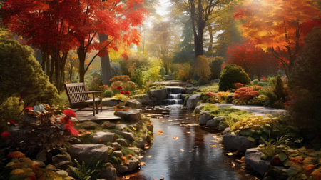Autumn landscape with waterfall and bench in the park. Digital paintingの素材