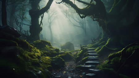 Mysterious forest with stairs and foggy light. Fantasy forest.の素材