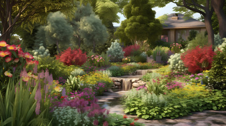 Beautiful landscaped garden with waterfalls and flowers. 3d renderの素材