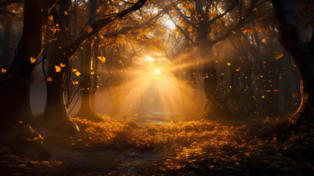 Mysterious autumn forest with sunbeams shining through the treesの素材