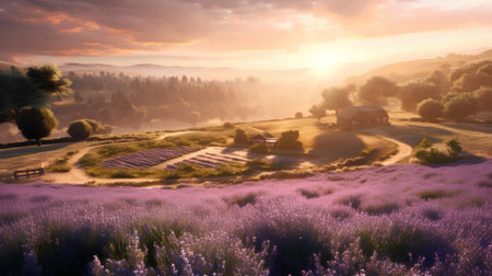 Sunset over lavender field in morning light. Beautiful summer landscapeの素材