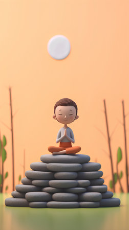 Boy meditating in lotus pose. 3d render illustration.の素材