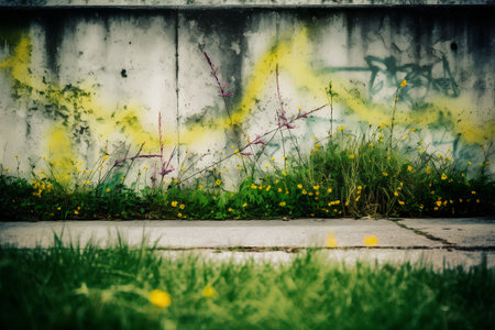 grunge concrete wall with green grass and yellow flowers - retro vintage effectの素材