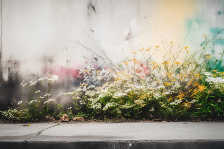 flowers in the garden with cement wall background, vintage color toneの素材