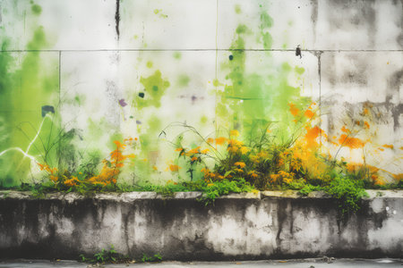 grunge wall with flowers and green grass, vintage color toneの素材