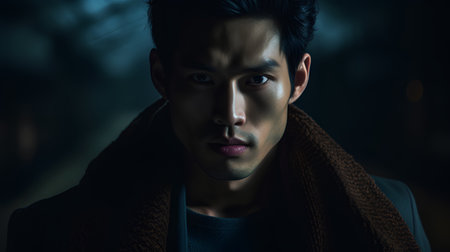 Portrait of a handsome young asian man in a dark roomの素材