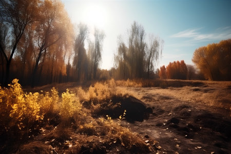 Autumn landscape with yellow trees and grass in the rays of the setting sunの素材