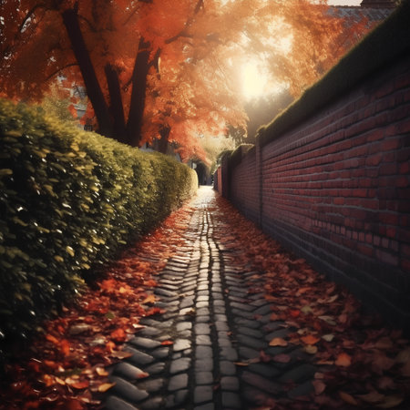 Autumn alley with fallen leaves and red brick wall, tonedの素材