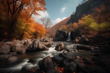 Autumn landscape with a waterfall in the mountains and colorful forest.の素材