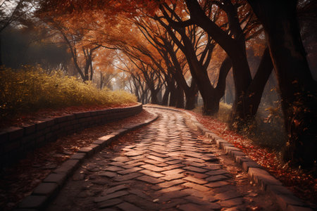 Autumn alley in the park. Colorful autumn landscape with road.の素材