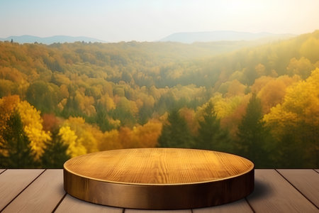 Empty wooden table over blurred autumn landscape background. For product display.の素材