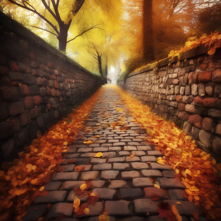 Autumn alley with fallen leaves in the city park. Autumn landscape.の素材