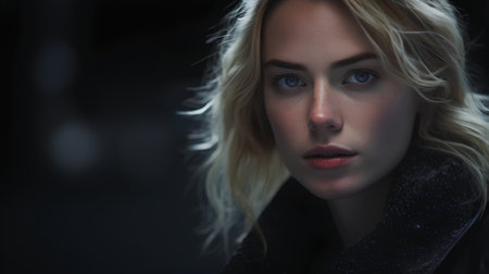 Portrait of a beautiful young woman in a coat on a dark backgroundの素材