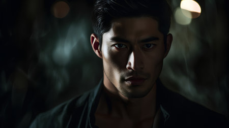 Portrait of a handsome young man in a dark room with lights and smokeの素材