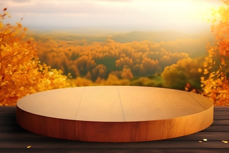 Empty round wooden table top on blurred autumn landscape background. For product displayの素材