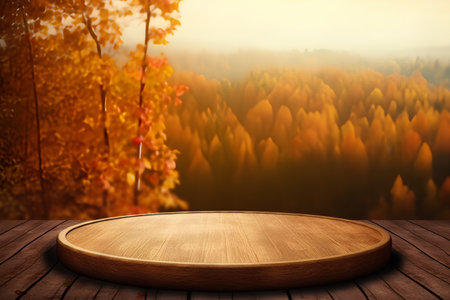 Empty wooden table top on blurred autumn forest background. For product displayの素材