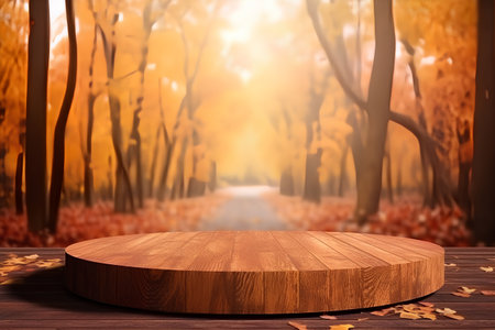 Empty wooden table over blurred autumn landscape background, product display montageの素材