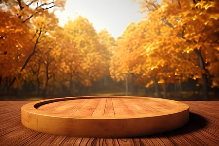 Empty wood table top on blurred autumn forest background. For product displayの素材