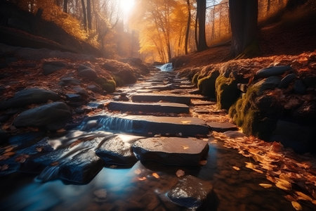 Autumn landscape with a river and stone steps in the forest.の素材