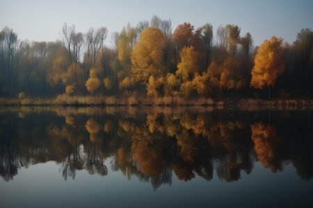 Autumn landscape with yellow trees reflected in the water of a lakeの素材
