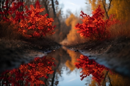Autumn landscape with river and colorful trees in the forest at sunsetの素材