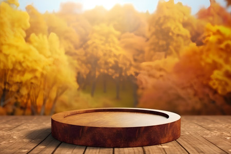 Empty round wooden podium on the background of autumn forest. 3d renderの素材