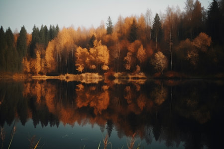 Autumn forest reflected in the lake. Beautiful autumn landscape with treesの素材