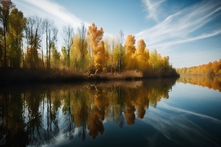 Autumn scene with yellow trees reflected in calm lake water, nature seriesの素材