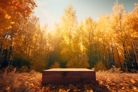 Wooden box on autumn forest background. Empty product display stand.の素材