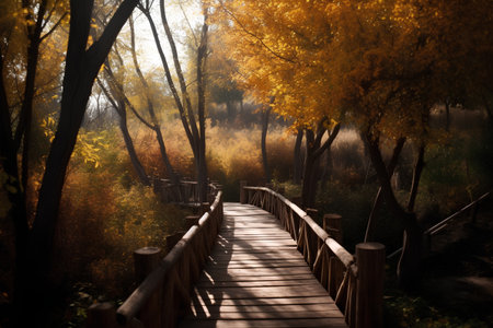 Wooden bridge in the autumn forest, closeup of photo.の素材