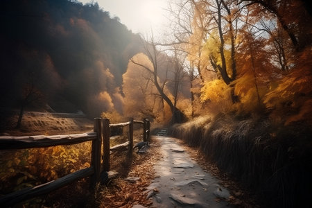 Autumn landscape with yellow trees in the forest and wooden fence.の素材