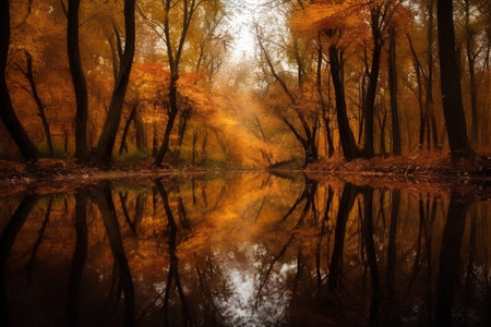Autumn forest reflected in the water. Autumn landscape with trees and lakeの素材