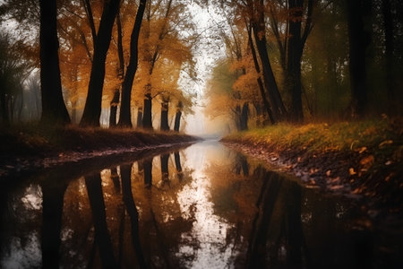 Autumnal forest with reflection in the water. Nature composition.の素材