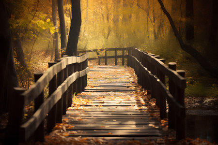 Wooden bridge in the autumn forest. Photo in old color image styleの素材