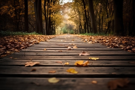 Wooden path in autumn park with fallen leaves. Nature background.の素材
