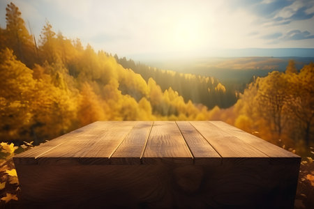 Wooden table in front of blurred autumn landscape. Collage.の素材