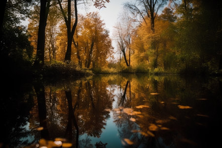 Autumn forest reflected in the water of the lake. Beautiful autumn landscape.の素材