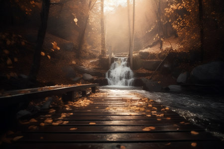 Autumn landscape with a waterfall in the forest and a wooden pathの素材