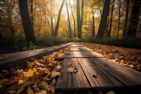 Wooden walkway in the autumn forest with yellow leaves on the groundの素材