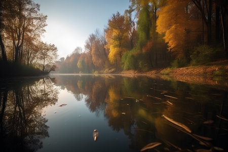 Autumn forest reflected in the lake. Autumn landscape with trees and lakeの素材