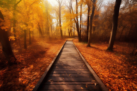 Wooden path in the autumn forest with fallen leaves. Nature backgroundの素材