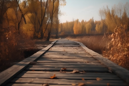 Wooden boardwalk in the autumn forest. Photo in retro styleの素材