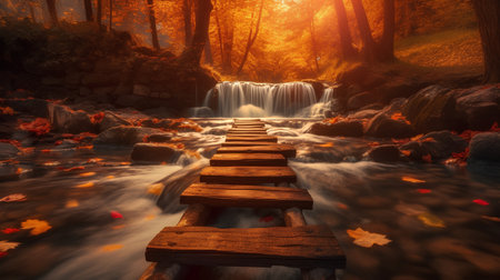 Wooden bridge over a waterfall in autumn forest. 3d renderingの素材