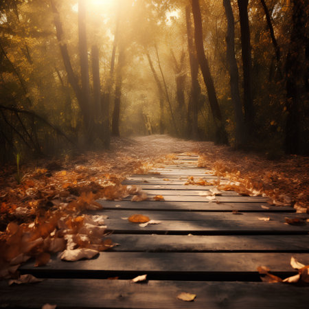 Wooden path in the autumn forest with fallen leaves. Nature backgroundの素材