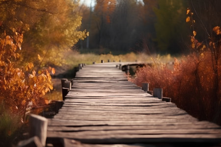 Wooden boardwalk in the autumn forest, shallow depth of fieldの素材