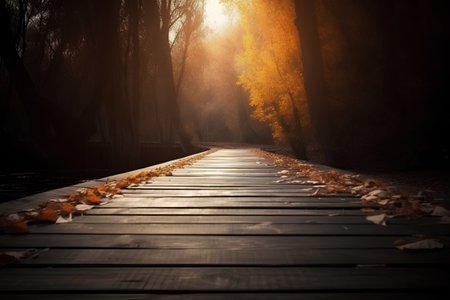 Wooden walkway in the autumn forest with fallen yellow leaves.の素材