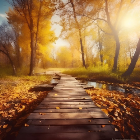 Autumn landscape with a wooden path in the park, tonedの素材