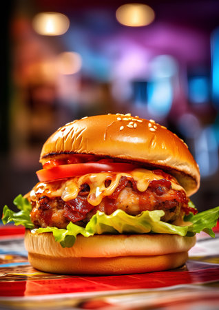 Closeup of tasty cheeseburger with bacon and lettuce on colorful backgroundの素材