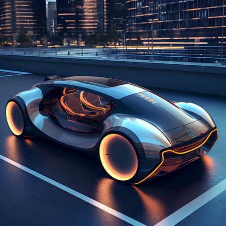 3D rendering of a futuristic concept car in a futuristic city.の素材