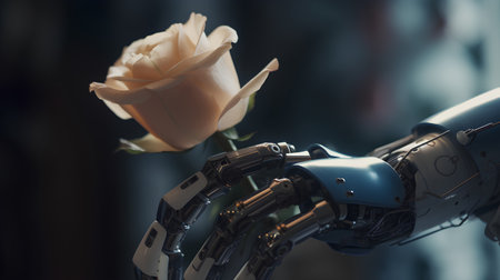 Artificial intelligence robot hand with rose flower. 3d rendering.の素材